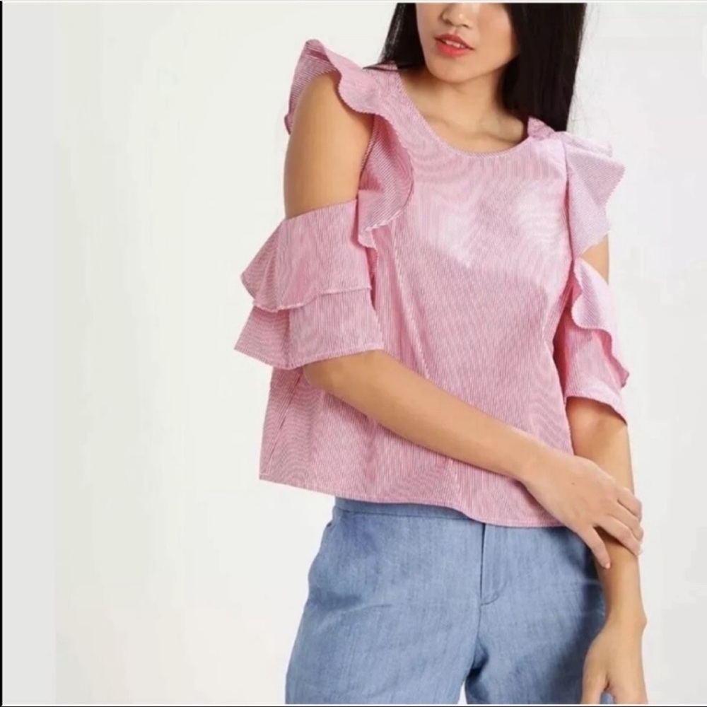 Club Monaco cold shoulder ruffle stripe top.